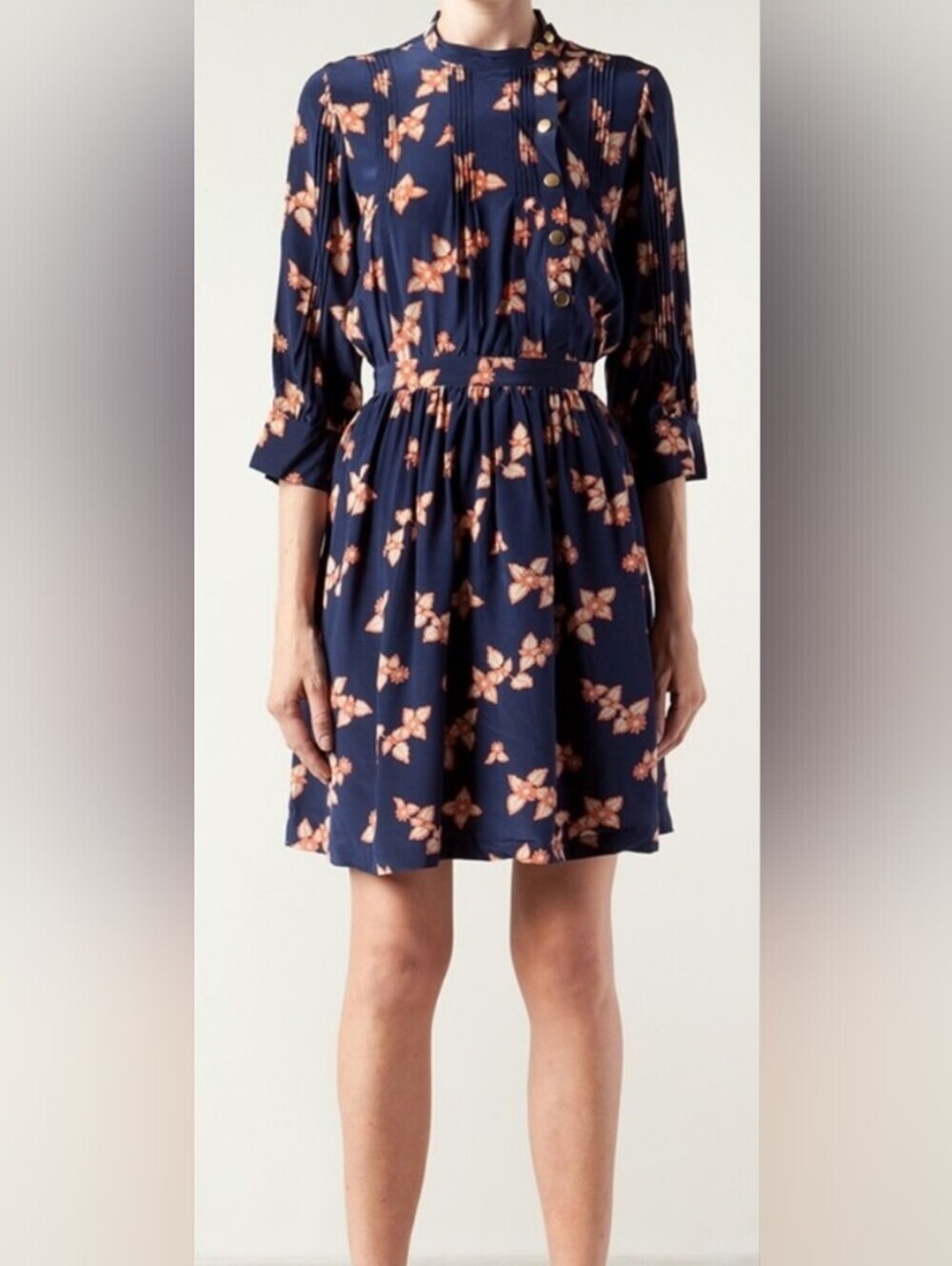 Lauren Moffatt Uma Navy Pintuck Snap Dress 2 Print Vintage Anthropologie Collab